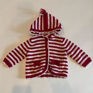 Red and white stripe sweater with scalloped trim and pompom hood Christmas